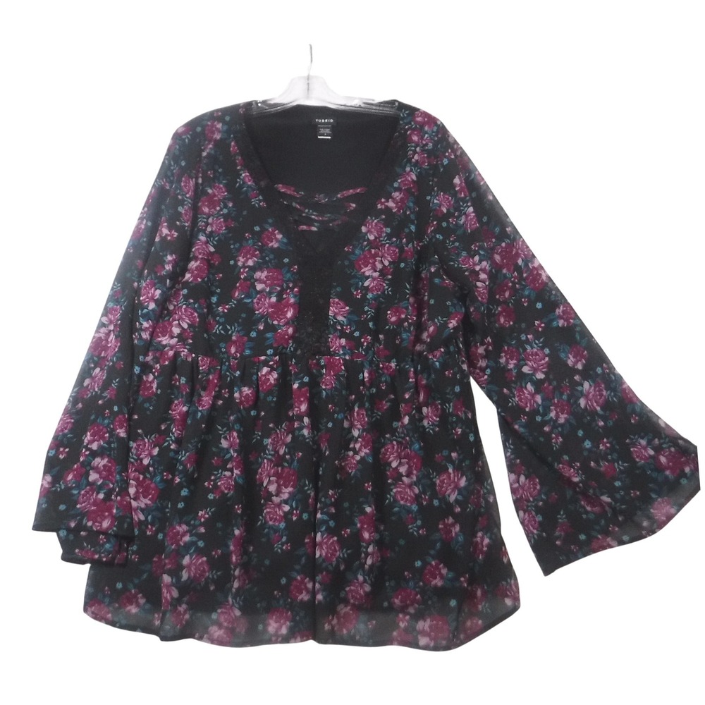 Torrid Womens Floral Lace Up Babydoll Top Black Purple Bell Sleeve Plus Size 2